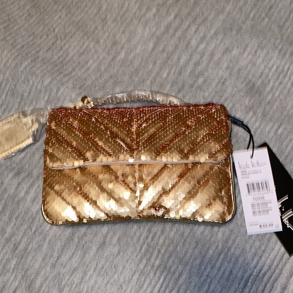 Nicole Miller Gold Sequin Mini or Crossbody Bag - Picture 7 of 8